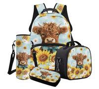 Finagallathe Set di 4 zaini per la scuola per bambini, zaino di grande capacità e portapranzo, con astuccio e borsa per tazza, Blu e marrone - Highland Cow Girasole Daisy, Set di zaini per la scuola