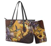 Finagallathe Set di borse e portafogli da donna in pelle PU con cinturino da polso, borsa con manico superiore con cerniera, Marrone e Giallo - Colibrì Girasole