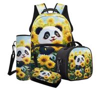 Finagallathe Set di zaini per bambini per ragazze, grandi borse scolastiche e portapranzo con borsa per bottiglia d'acqua per la scuola primaria, Giallo - Panda Girasole, Set di zaini per la scuola