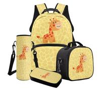 Finagallathe Set di zaini per bambini per ragazze, grandi borse scolastiche e portapranzo con borsa per bottiglia d'acqua per la scuola primaria, Giallo - Cute Giraffe, Set di zaini per la scuola
