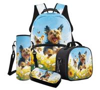 Finagallathe Set di zaini per la scuola e portapranzo per bambini, con astuccio e borsa per bottiglia d'acqua, per ragazze e ragazzi, Blu e giallo - Yorkshire Terrier Flower, Set di zaini per la