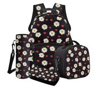 Finagallathe Set di zaino e borsa per il pranzo per bambini, zaino di grande capacità e astuccio con borsa per bottiglia d'acqua, Nero - Daisy Love, Set di zaini per la scuola