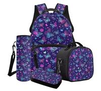 Finagallathe Set di zaino e borsa per il pranzo per bambini, zaino di grande capacità e astuccio con borsa per bottiglia d'acqua, Viola - Farfalla, Set di zaini per la scuola