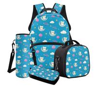 Finagallathe Set di zaino e borsa per il pranzo per bambini, zaino di grande capacità e astuccio con borsa per bottiglia d'acqua, Blu - Cat Star Moon, Set di zaini per la scuola