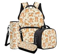 Finagallathe Set di zaino e borsa per il pranzo per bambini, zaino di grande capacità e astuccio con borsa per bottiglia d'acqua, Beige e arancione - Gatto dei cartoni animati, Set di zaini per la