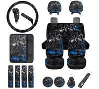Finagallathe Wolf - Set completo di coprisedili per auto, set completo di protezioni per volante, cuscino per bracciolo, protezione poggiatesta, sottobicchiere, copertura freno a mano, cuscinetti per