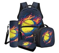 Finagallathe Zaini per bambini di grande capacità con portapranzo astuccio per matite borsa portabottiglie per ragazzi della scuola primaria, Nero e Giallo - Fire Softball, Set di zaini per la scuola