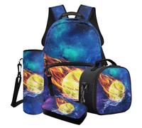 Finagallathe Zaini per bambini di grande capacità con portapranzo astuccio per matite borsa portabottiglie per ragazzi della scuola primaria, Blu e Giallo - Fire Softball Galaxy, Set di zaini per la