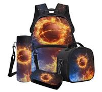 Finagallathe Zaini per bambini di grande capacità con portapranzo astuccio per matite borsa portabottiglie per ragazzi della scuola primaria, Nero e Arancione - Fire Basketball, Set di zaini per la