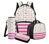 Finagallathe Zaini per bambini per ragazze, set con portapranzo, astuccio e borsa per bottiglia d'acqua, Rosa - Farfalla Fiore, Set di zaini per la scuola