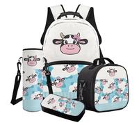 Finagallathe Zaino da 17 pollici con borsa per il pranzo per bambini, zaino per la scuola primaria secondaria e astuccio set per ragazze, Blu e Beige - Cartoon Mucca, Set di zaini per la scuola