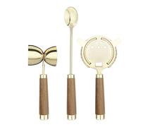 Final Touch, set di 3 strumenti per la preparazione di cocktail in ottone, include colino, cucchiaio e doppio Jigger in acciaio inox 304 placcato in ottone con manici in legno FTA2100