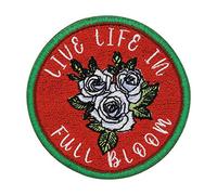 Finally Home Live Life in Full Bloom - Toppa termoadesiva con rose bianche, con fiori di rosa, toppe floreali, colore rosso e verde