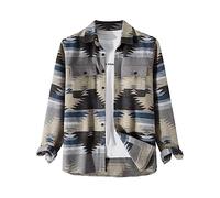 FindThy Camicia da uomo in flanella spazzolata etnica azteca stampa abbottonata risvolto tribale camicia giacca shacket, 01 Grigio, XX-Large