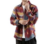 FindThy Camicia da Uomo in Flanella Spazzolata Etnica Azteca Stampa abbottonata Risvolto Tribale Camicia Giacca Shacket, Rosso, XX-Large