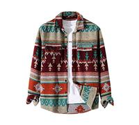 FindThy Camicie da Uomo in Flanella Spazzolata Etnica Azteca Stampa abbottonata Risvolto Tribale Camicia Giacca Shacket, 01 Dark Red, XL