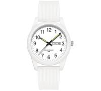 findtime Orologio da uomo con data e giorno, quadrante facile da leggere, con lancetta dei secondi analogica luminosa, numeri arabi, impermeabile, cinturino in silicone bianco, bianco, Casual