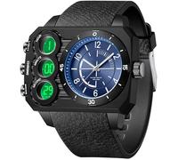 findtime Orologio da uomo con quadrante grande quadrato e quadrante grande, orologi da uomo con tre fusi orari, conto alla rovescia allarme, cronometro a LED, unico orologio da polso fresco, Blu