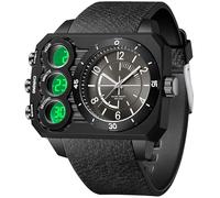 findtime Orologio da uomo con quadrante grande quadrato e quadrante grande, orologi da uomo con tre fusi orari, conto alla rovescia allarme, cronometro a LED, unico orologio da polso fresco, nero