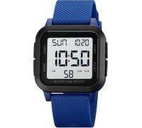 findtime Orologio digitale quadrato a LED con numeri grandi, orologio da polso per uomo e donna, unisex, per attività all'aperto, con allarme/timer/doppio orno/cronometro/12/24H, blu/bianco, cinghia