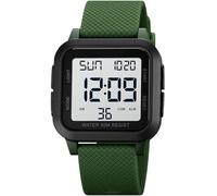 findtime Orologio digitale unisex, quadrante quadrato, numeri grandi, LED, elettronico, impermeabile, sveglia, conto alla rovescia, doppio fuso orario, cronometro, 12/24h, Verde/Bianco., Casual