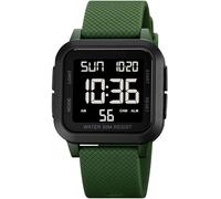 findtime Orologio digitale unisex, quadrante quadrato, numeri grandi, LED, elettronico, impermeabile, sveglia, conto alla rovescia, doppio fuso orario, cronometro, 12/24h, Verde e nero., Casual
