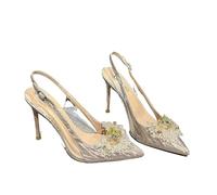 Fine Heel Pointy Diamond Pumps Pearl Wedding Shoes Sparkles Baotou Glass Glue High-Heeled Sandals(Champagne 6CM Heel,40)