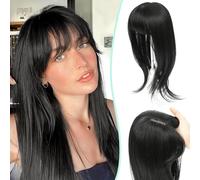 Fine Plus 360° 3D clip in frangia, 45,7 cm capelli sintetici topper con frangia aggiornamento 10,2 x 12,7 cm base naturale nero stratificato capelli finti capelli lisci uso quotidiano/festa