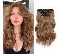 FINE PLUS Extension per capelli con clip, 4 pezzi, 35,6 cm, capelli corti da spiaggia, biondo dorato, extension ondulate invisibili, in pizzo naturale, morbide, da donna (biondo dorato)