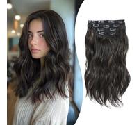 FINE PLUS Extension per capelli con clip, 4 pezzi, 35,6 cm, capelli corti da spiaggia biondo perla, ondulati, invisibili, in pizzo naturale, morbidi, da donna (castano scuro con evidenziazioni)