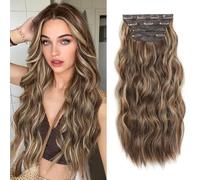 Fine Plus Extension per capelli con clip, 4 pezzi, castano chiaro misto biondo miele, 50 cm, extension per capelli lunghi ondulati con clip, extension per capelli in fibra sintetica, da donna
