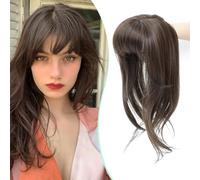 Fine Plus Topper per capelli con frangia, copertura completa a 360°, frangia sottile, pre-acconciata, miscela soffice con attaccatura dei capelli naturale, leggero, per l'uso quotidiano (liscio
