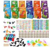 FINEASY 100Pz Dinosauro Gadget Compleanno Bambini,Regalini Fine Festa, Festa Compleanno Dinosauri,Palline Gonfiabili Festa Sacchetti Tatuaggi Adesivi Portachiavi Braccialetti Slap Sacchetto Regalo