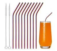 FINEASY Set di 10 Cannucce Riutilizzabili In Acciaio Inox, Cannucce Metallo con 2 Spazzole, Cannuccia Acciaio Colorato Cannucce Cocktail Acciaio Inox per Cocktail, Frullati, Caffè, Smoothies (Curve)
