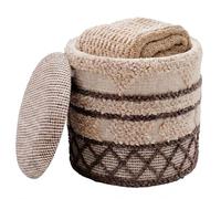 FineBuy Pouf Rotondo 40 cm Lana Beige con Vano Contenitore