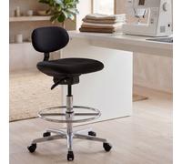 FineBuy Sgabello da Lavoro con Ruote 83-114 cm Tessuto Nero con Schienale | Sgabello Girevole Regolabile in Altezza | Sgabello Officina