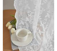 FINECITY White Lace Curtains 63 Inch Length, Country Branch Leaf Scalloped Floral Lace Sheer Curtains for Bedroom, Privacy Vintage Sheer Curtain Panels for Windows, 52 x 63 Inch, White, 1 Pair