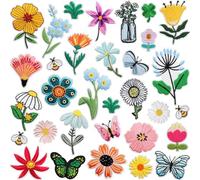 FineInno 32 toppe termoadesive a forma di fiore per abbigliamento, toppe ricamate con farfalle, api, erba, toppe decorative fai da te per magliette, jeans, giacche, cappelli, borse