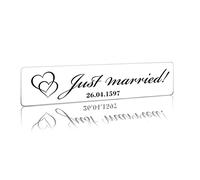 Finest Folia Targa Matrimonio Personalizzata per Auto, Adesivo con Nomi e Data degli Sposi - Coppia di Sposi, Decorazione Auto Matrimoniale, Targa per Nozze(13 Just married cuori, Inserti in plastica)