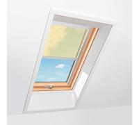 Finestra da tetto con tenda trasparente beige, legno, Ropal made by Roto, R4/7, legno naturale di pino, esterno grigio antracite simile a RAL 7016