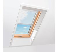 Finestra da tetto con tenda trasparente bianca, legno, Ropal made by Roto. R4/7, legno naturale di pino, esterno grigio antracite simile a RAL 7016