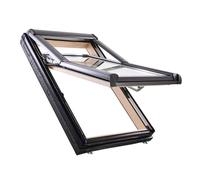 Finestra da tetto Ropal made by Roto, R4/7 Plus, apertura a bilico tre quarti, legno, legno naturale di pino, esterno grigio antracite simile a RAL 7016