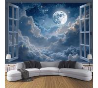 Finestra Luna Nuvole Carta Da Parati Panoramica 150x105cm, Paesaggio Fuori Dalla Finestra Parati Seta, Blu Grandi Murali per Soggiorno Camera Da Letto Studio