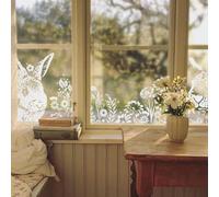 Finestra pasquale riutilizzabile in PVC con coniglietto bianco ed elementi floreali per superfici in vetro, adesione statica, senza decorazione a molla (1 pezzo)