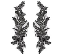 FINGERINSPIRE 1 Paio Toppe in Tessuto con Perline e Strass in Vetro 340x95x5mm con Ricamo a Forma di Fiore in Strass Neri per Cucire per Accessori da Abito da Sposa