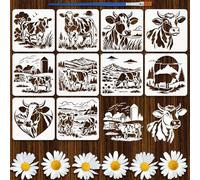 FINGERINSPIRE 10Styles Stencil di Mucche con Pennello 30x30cm Stencil per Pittura di Mucche da Fattoria Stencils con Motivi di Bovini da Latte per Animali Domestici per Pittura su Legno, Tessuti
