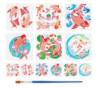 FINGERINSPIRE 12 Pezzi Koi Fish Painting Stencil con 1 Pezzi Pennello di Plastica Riutilizzabile 12 Stili Decorativo Pesce Stencil Orient Lucky Koi Moo per Dipingere su Parete Mobili In Legno