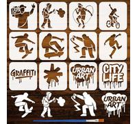 FINGERINSPIRE 12 Pz Stencil per Graffiti di Strada con Pennello, 15x15cm Stencil di Silhouette di Persone Altoparlante per Bicicletta Skateboard Parole Stencils a Tema Graffiti per Dipingere su Legno