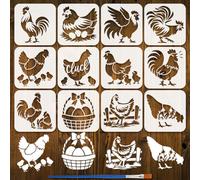 FINGERINSPIRE 12 Pz Stencil per Pittura A Forma di Pollo con Pennello 15x15cm 12 Stili Stencil di Disegno con Motivo di Galline Galli e Uova Stencils per Decorazione Artistica Fai da Te per Dipingere