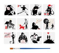FINGERINSPIRE 12 stencil da disegno Banksy con pennello da 30 x 30 cm, motivo: ragazzi, uomo, angeli, clown, scimpanzé, ratti, pittura a tema Banksy, stencil per dipingere su mobili
